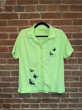 Butterfly Embroidered 2 Piece Set Short Sleeve Shirt & Pants - Light Green Large